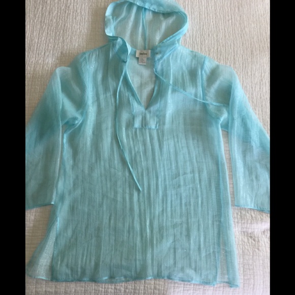 NWOT Neiman Marcus Exclusive silk turquoise hoodie - Picture 3 of 8